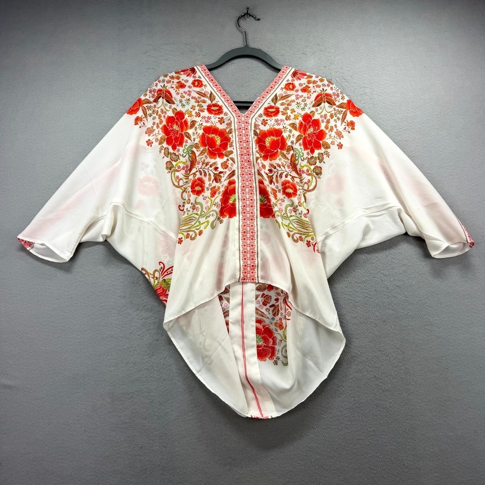 Rose & Olive Tunic Top Women's Medium White Floral Dolman Sleeve Double V-Neck - Picture 4 of 11